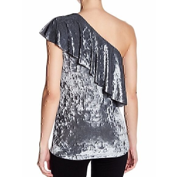 NWOT TART Ruffled One Off Shoulder Velvet Top Grey Velour Ruffle Sleeveless SM - Picture 3 of 7